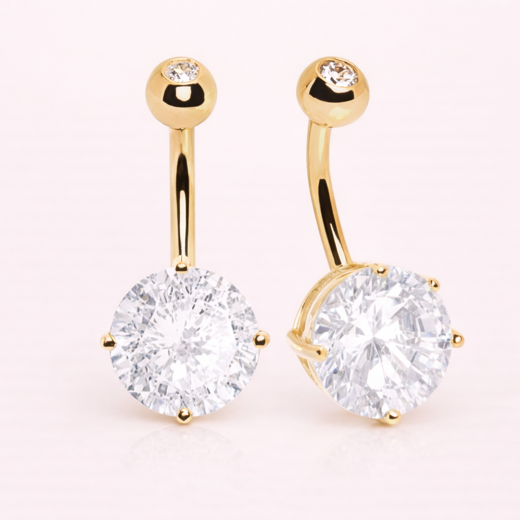 Solid 14K Yellow Gold 10mm Round CZ Navel Barbell – 14G, Threadless