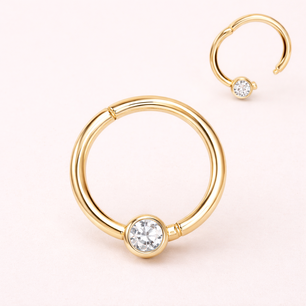 Solid 14K Yellow Gold Bezel CZ 16G Clicker Ring - 8mm