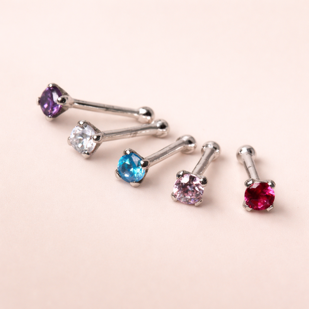 Solid 14K White Gold Nose Stud - 20G Straight Nose Bone - 2mm Cubic Zirconia