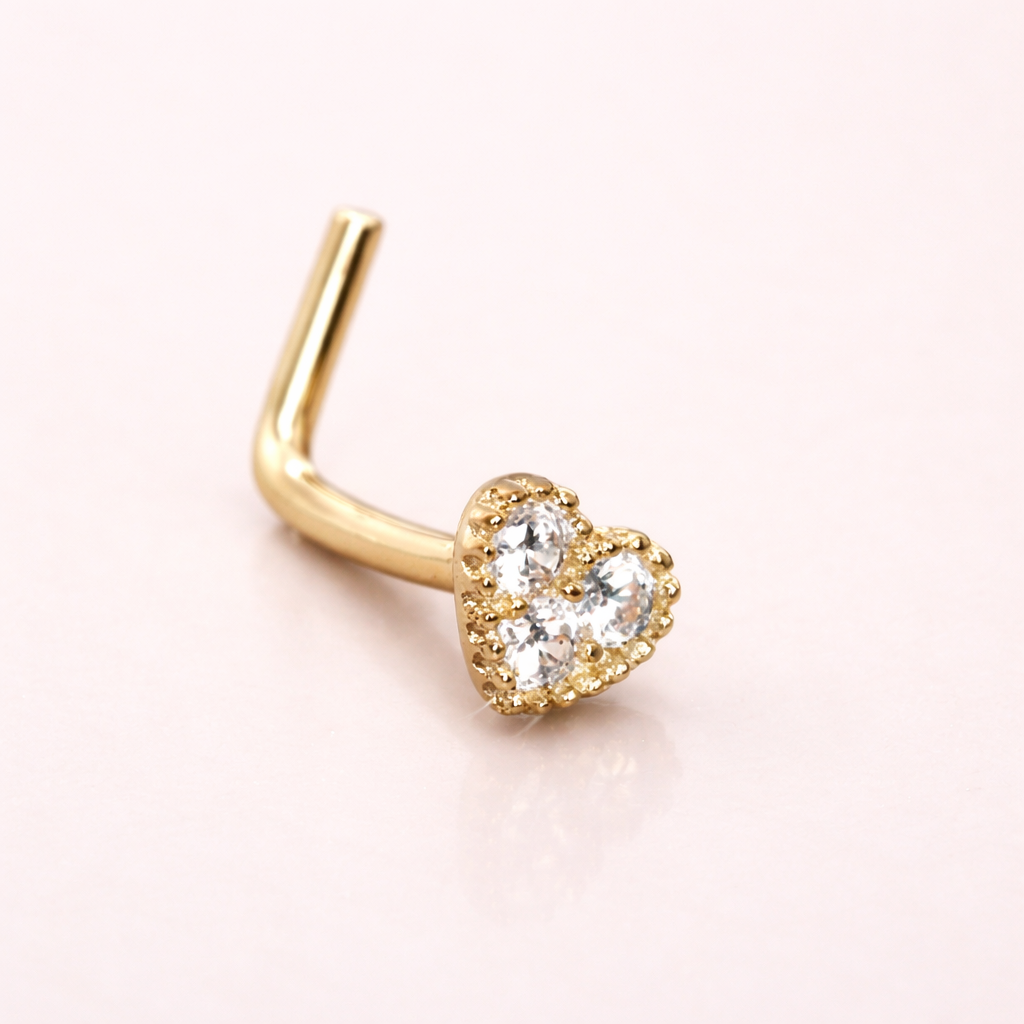 Solid 14K Yellow Gold Heart Nose Stud – 4mm - 3 Clear Cubic Zirconia - L-Shaped 20g