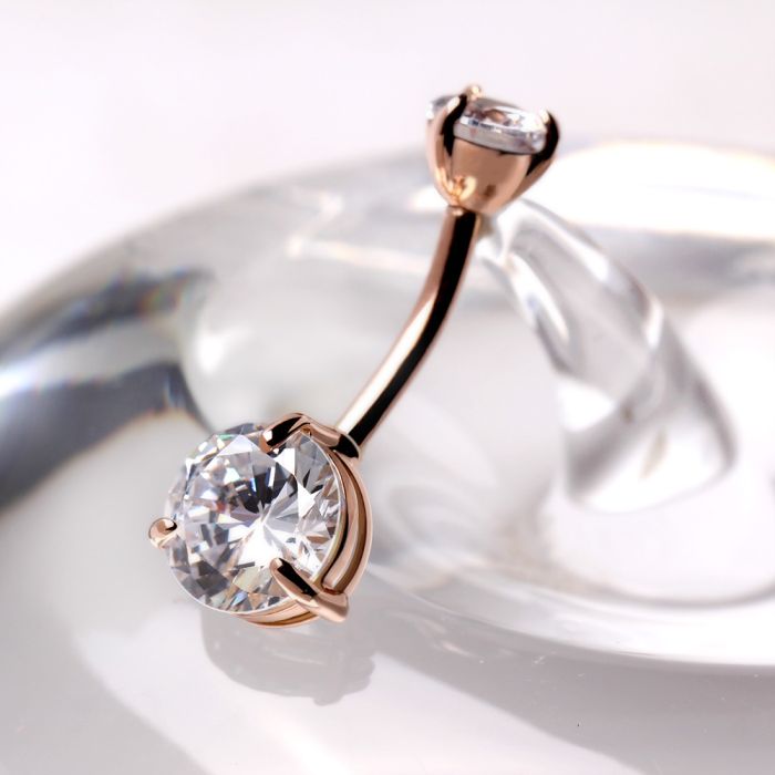 Solid 14kt Rose Gold 14G Navel Barbell with 5mm & 8mm Prong - Set CZ – 10mm/3/8" ‐ Kikojoy Jewelry