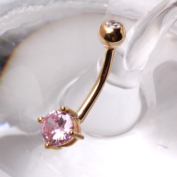 Solid 14kt Yellow Gold CZ Navel Barbell – 14G with Press - Fit Closure ‐ Kikojoy Jewelry