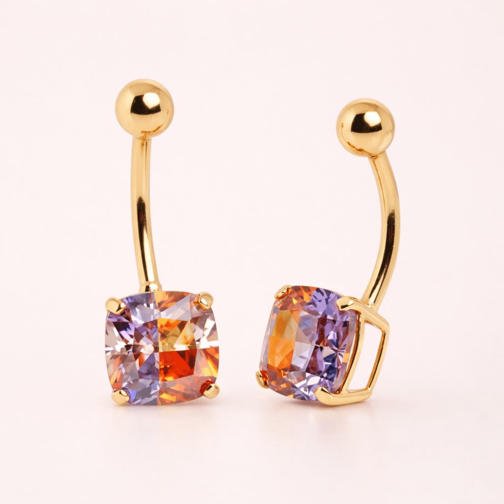 Solid 14kt Yellow Gold Miracle - Set CZ Navel Barbell – Threaded 14G, 10mm ‐ Kikojoy Jewelry