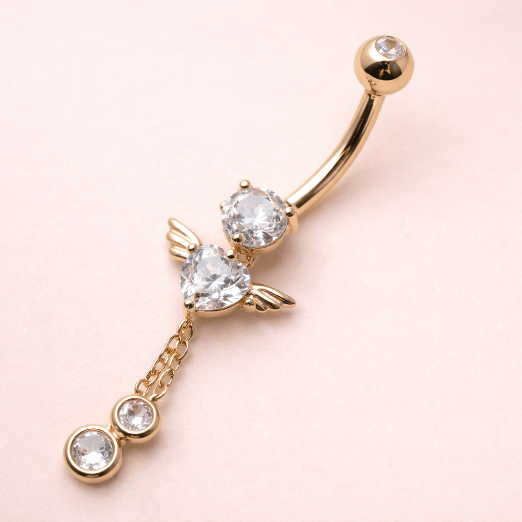 Solid 14kt Yellow Gold Winged Heart Navel Barbell – 14G 10mm ‐ Kikojoy Jewelry