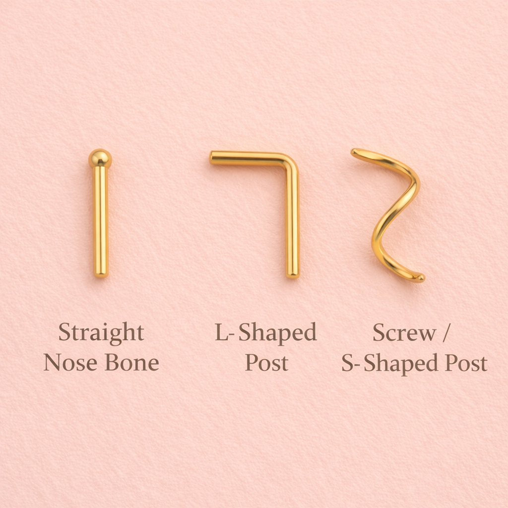 Comparison of straight nose bone, l-shaped post anf screw / s-shaped post of nose piercings 