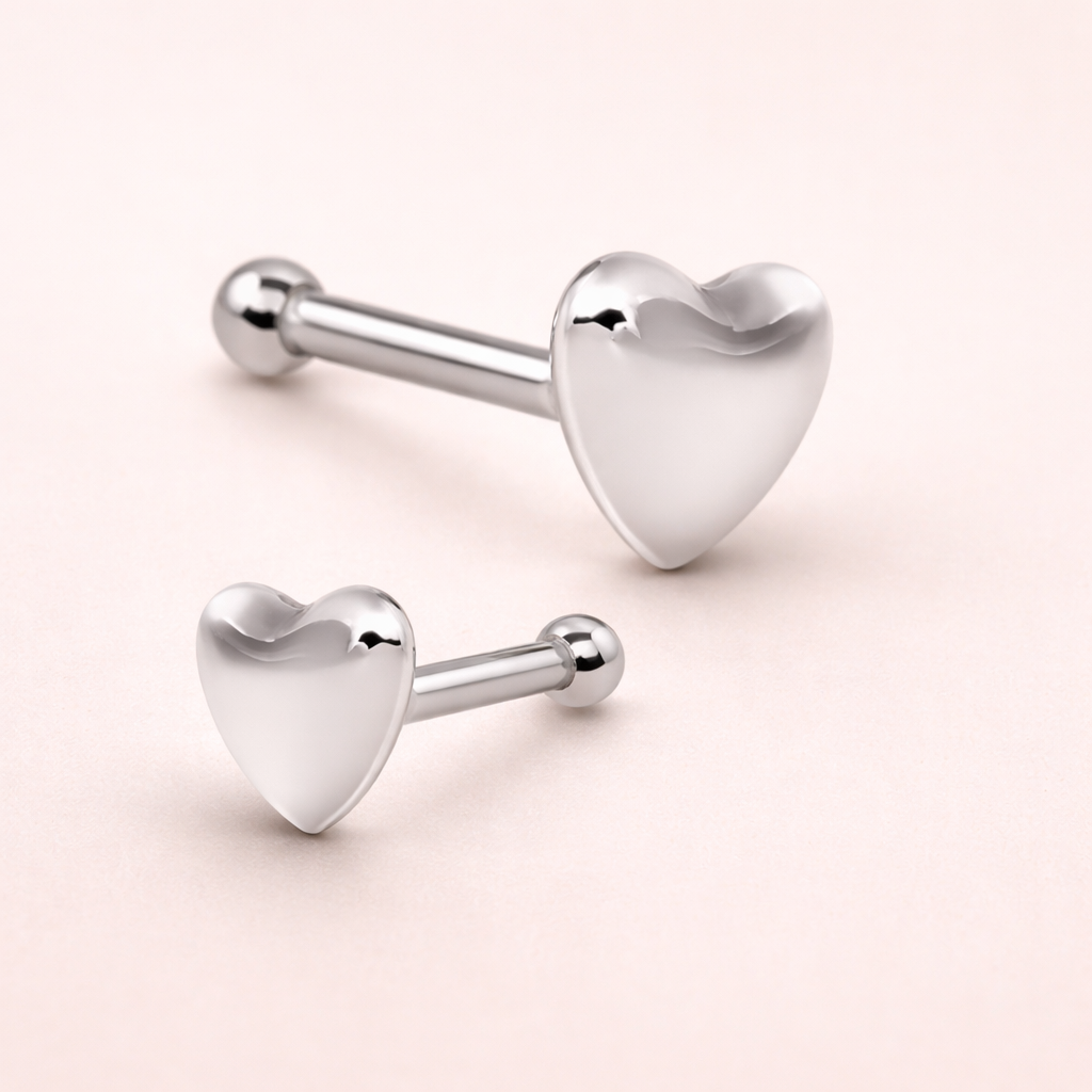Solid 14K White Gold Heart Nose Stud - 4mm - 20G Straight Nose Bone