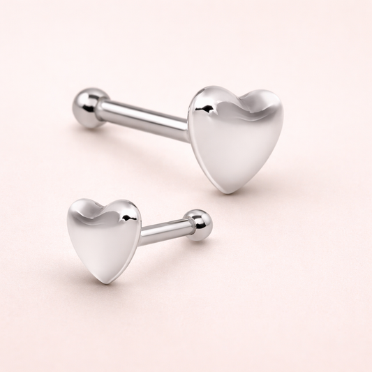 Solid 14K White Gold Heart Nose Stud - 4mm - 20G Straight Nose Bone