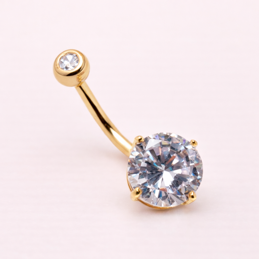Solid 14K Yellow Gold 10mm Round CZ Navel Barbell – 14G, Threadless