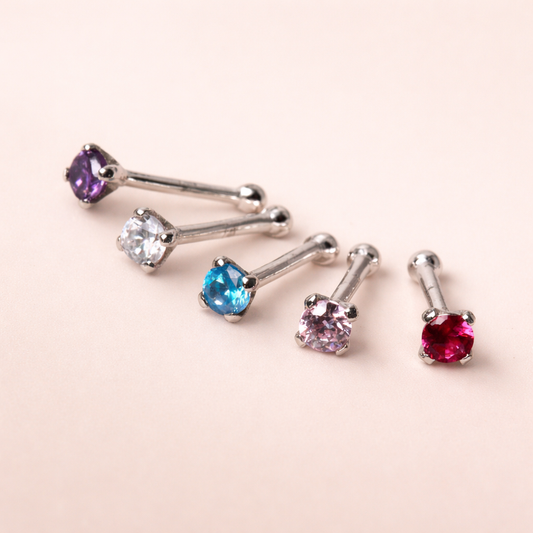 Solid 14K White Gold Nose Stud - 20G Straight Nose Bone - 2mm Cubic Zirconia