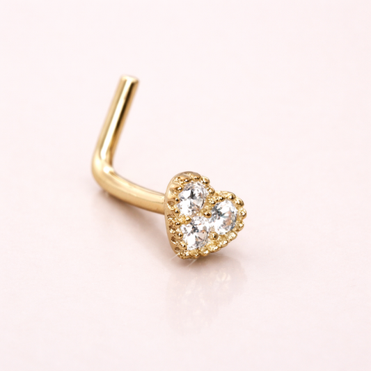 Solid 14K Yellow Gold Heart Nose Stud – 4mm - 3 Clear Cubic Zirconia - L-Shaped 20g