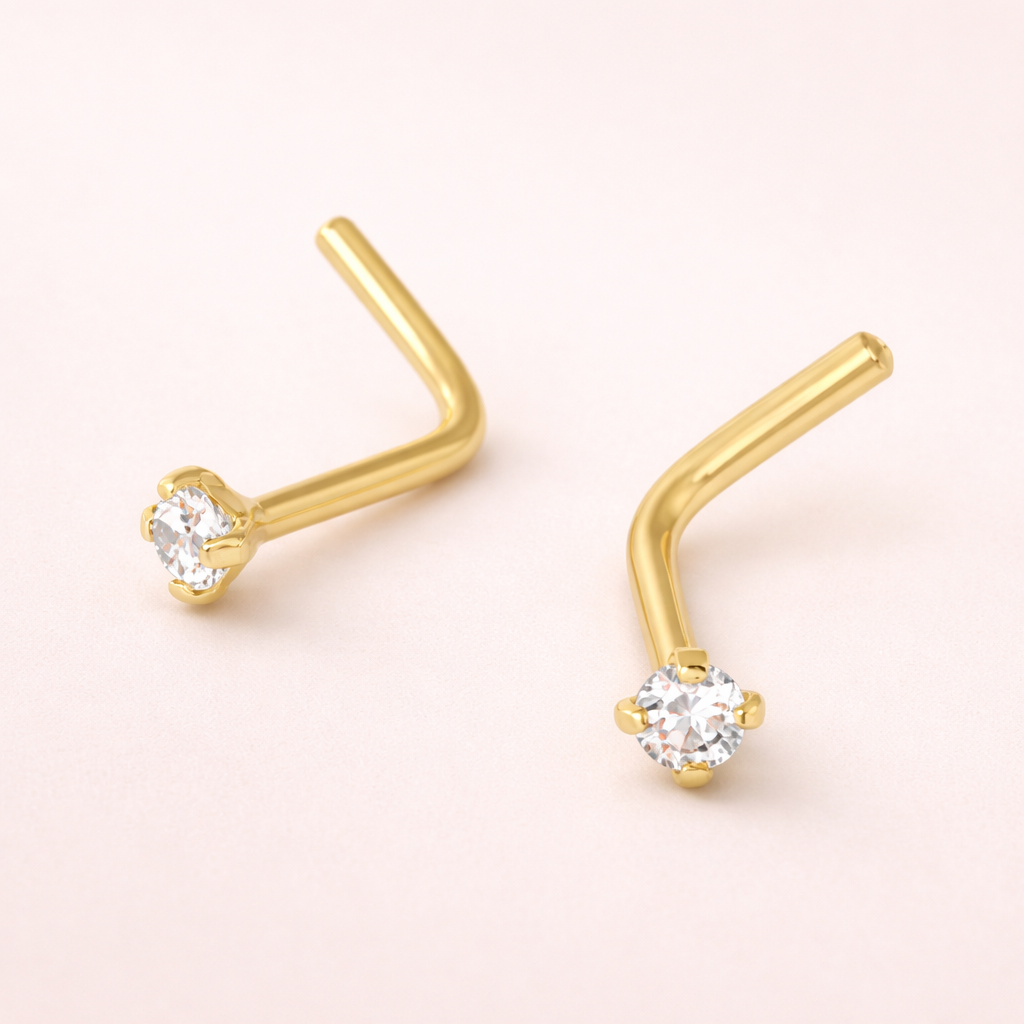 Solid 14K Yellow Gold L-Shaped Nose Stud - 2mm Clear Cubic Zirconia - 20G