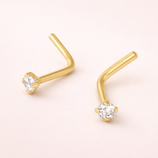 Solid 14K Yellow Gold L-Shaped Nose Stud - 2mm Clear Cubic Zirconia - 20G