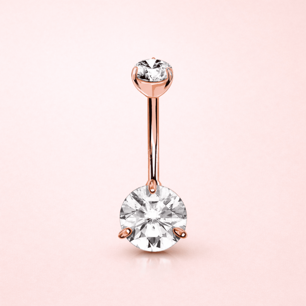 Solid 14kt Rose Gold 14G Navel Barbell with 5mm & 8mm Prong - Set CZ – 10mm/3/8" ‐ Kikojoy Jewelry