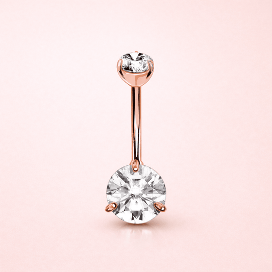 Solid 14kt Rose Gold 14G Navel Barbell with 5mm & 8mm Prong - Set CZ – 10mm/3/8" ‐ Kikojoy Jewelry