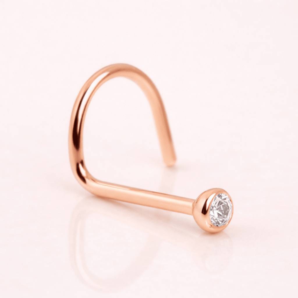 Solid 14kt Rose Gold 2mm Bezel CZ Nose Screw – 20G ‐ Kikojoy Jewelry
