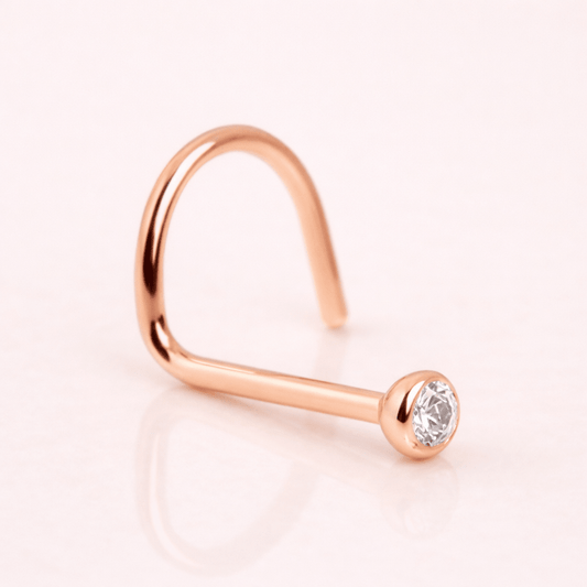 Solid 14kt Rose Gold 2mm Bezel CZ Nose Screw – 20G ‐ Kikojoy Jewelry