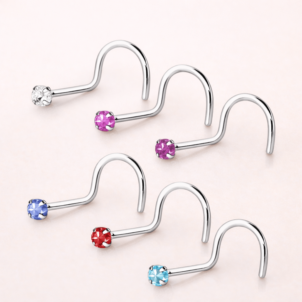 Solid 14kt White Gold 2mm Prong - Set CZ Nose Screw – 20G, 6 Color Options ‐ Kikojoy Jewelry