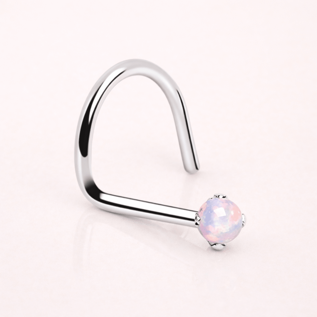 Solid 14kt White Gold Natural Opalite Nose Screw – 20G ‐ Kikojoy Jewelry