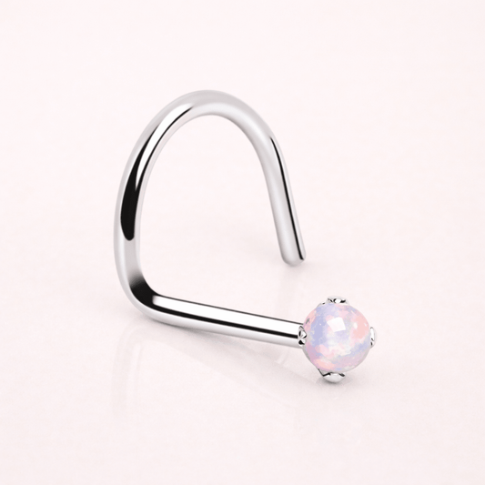 Solid 14kt White Gold Natural Opalite Nose Screw – 20G ‐ Kikojoy Jewelry