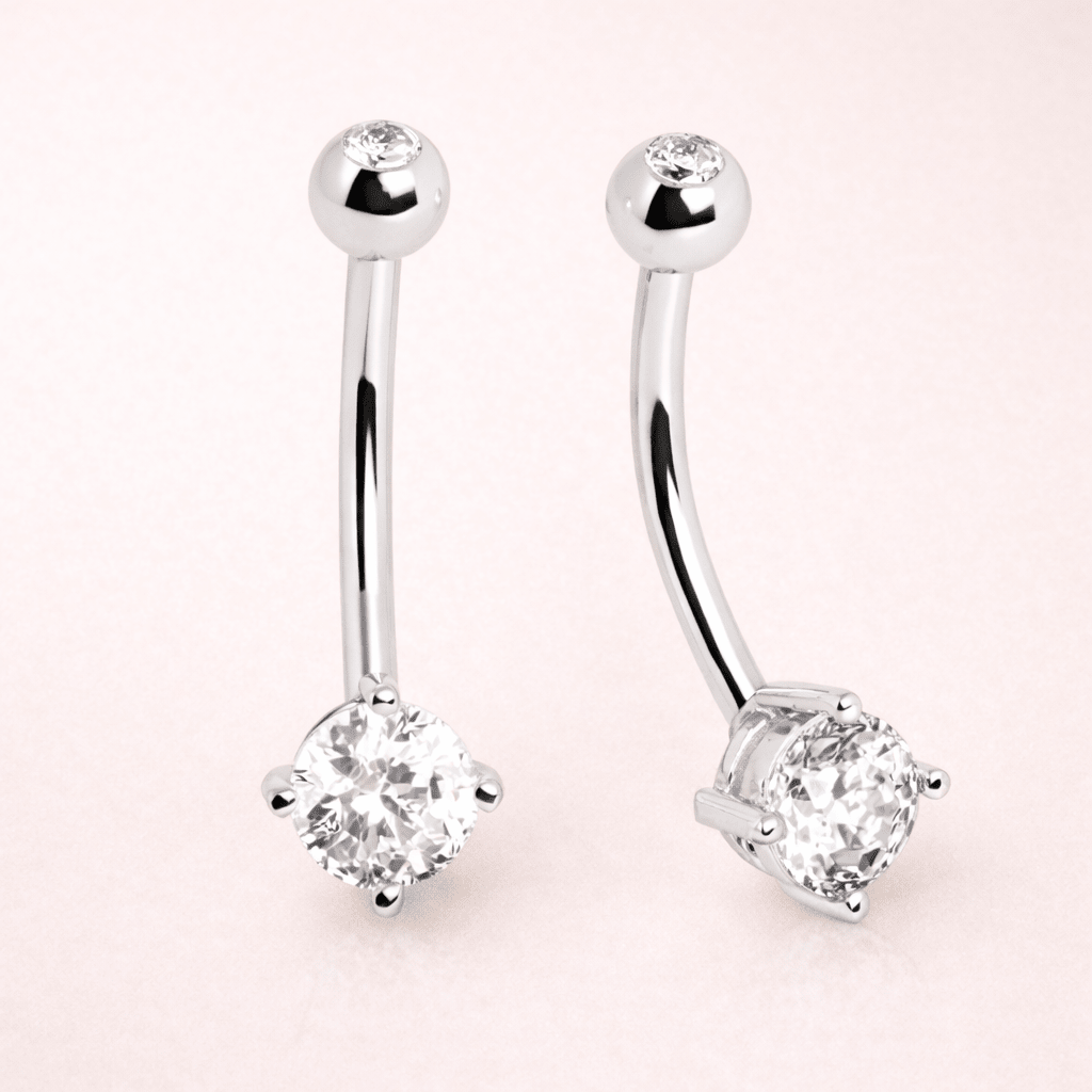 Solid 14kt White Gold Navel Barbell with Prong - Set Clear CZ & Press - Fit Top Ball – 14G 10mm ‐ Kikojoy Jewelry