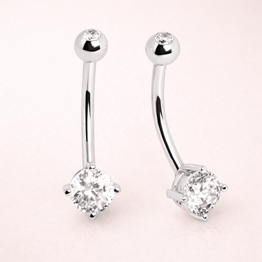Solid 14kt White Gold Navel Barbell with Prong - Set Clear CZ & Press - Fit Top Ball – 14G 10mm ‐ Kikojoy Jewelry