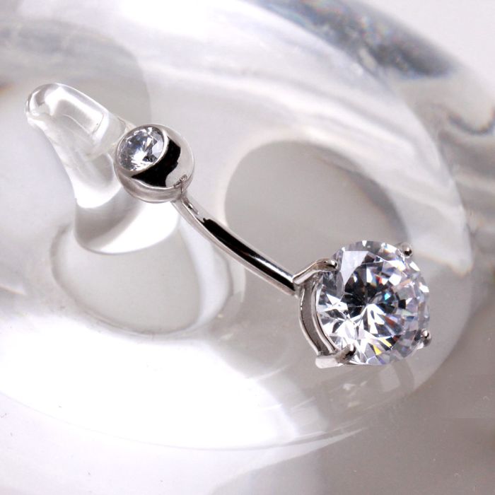 Solid 14kt White Gold Navel Barbell with Prong - Set Clear CZ & Press - Fit Top Ball – 14G 10mm ‐ Kikojoy Jewelry