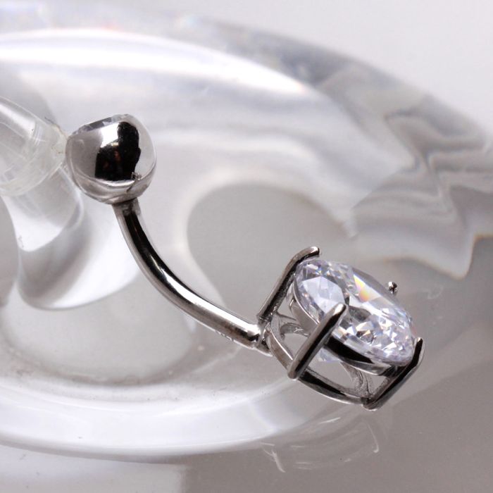 Solid 14kt White Gold Navel Barbell with Prong - Set Clear CZ & Press - Fit Top Ball – 14G 10mm ‐ Kikojoy Jewelry