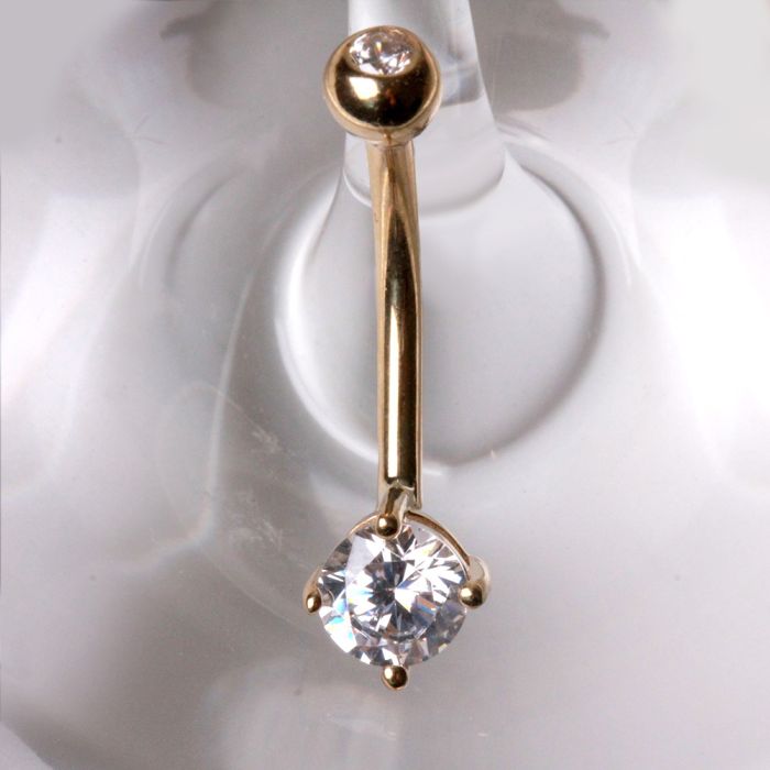 Solid 14kt Yellow Gold 14G Navel Barbell – 1/2" (12mm) Extended Shaft – 5mm Prong - Set CZ + 4mm Threaded CZ Top, 14G ‐ Kikojoy Jewelry