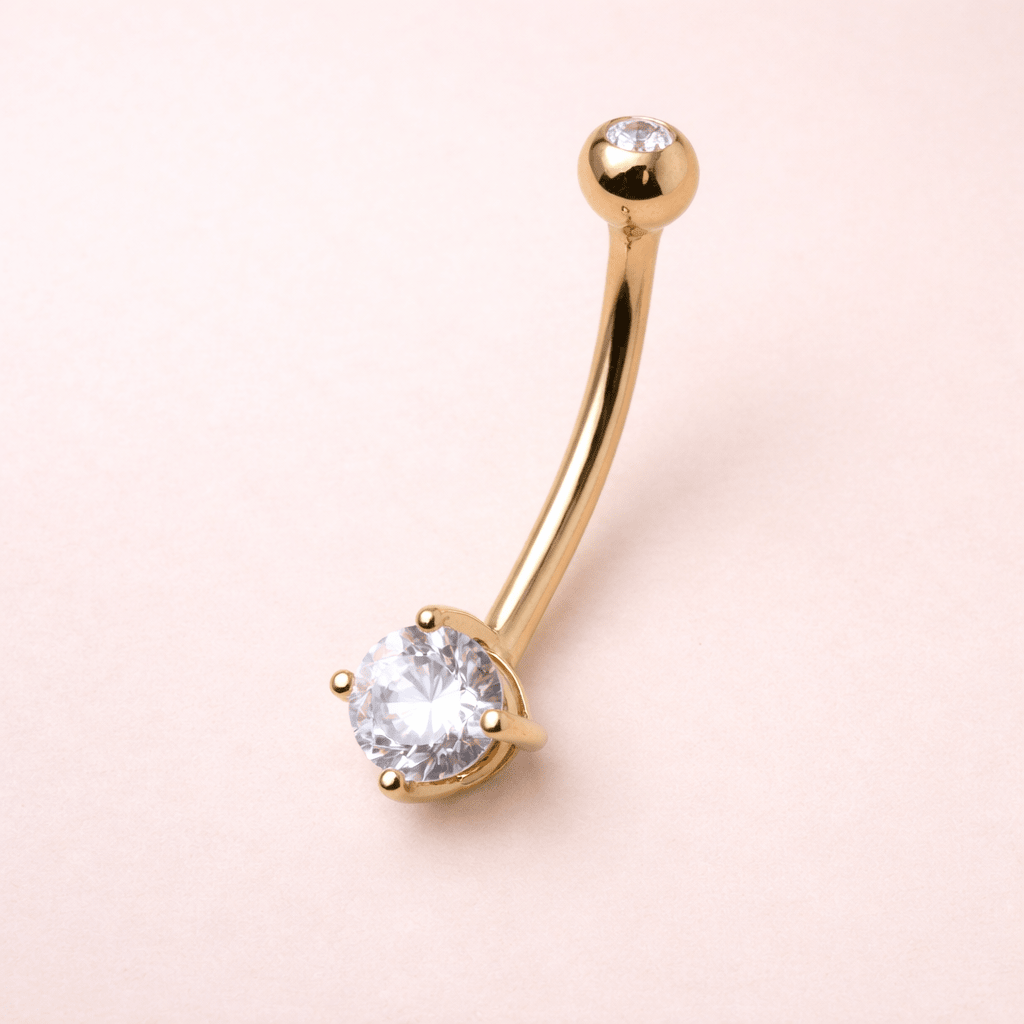 Solid 14kt Yellow Gold 14G Navel Barbell – 1/2" (12mm) Extended Shaft – 5mm Prong - Set CZ + 4mm Threaded CZ Top, 14G ‐ Kikojoy Jewelry
