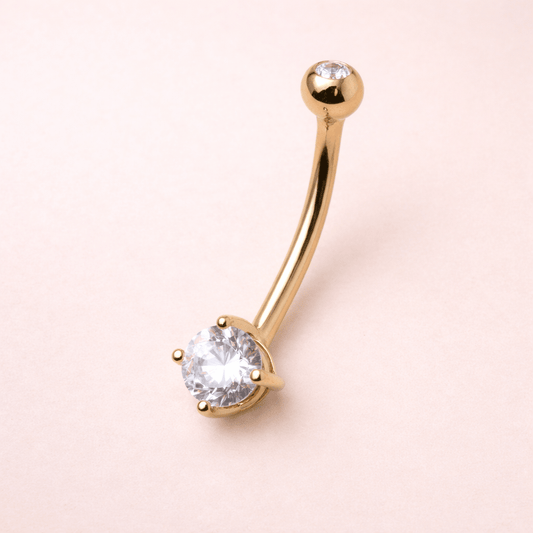 Solid 14kt Yellow Gold 14G Navel Barbell – 1/2" (12mm) Extended Shaft – 5mm Prong - Set CZ + 4mm Threaded CZ Top, 14G ‐ Kikojoy Jewelry