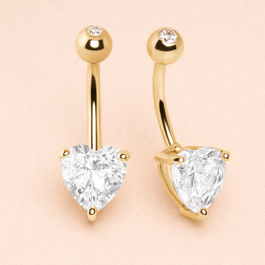 Solid 14kt Yellow Gold 14G Navel Barbell – 8mm Heart Prong - Set CZ, Press - Fit Top ‐ Kikojoy Jewelry