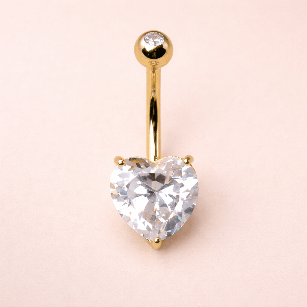 Solid 14kt Yellow Gold 14G Navel Barbell – 8mm Heart Prong - Set CZ, Press - Fit Top ‐ Kikojoy Jewelry