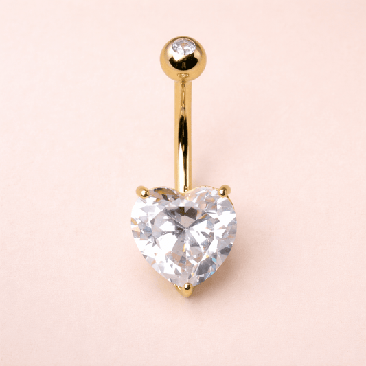 Solid 14kt Yellow Gold 14G Navel Barbell – 8mm Heart Prong - Set CZ, Press - Fit Top ‐ Kikojoy Jewelry
