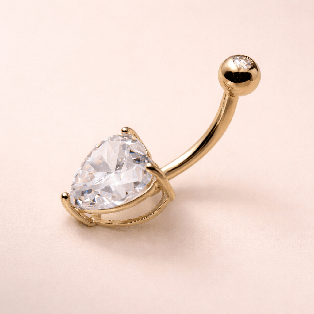 Solid 14kt Yellow Gold 14G Navel Barbell – 8mm Heart Prong - Set CZ, Press - Fit Top ‐ Kikojoy Jewelry
