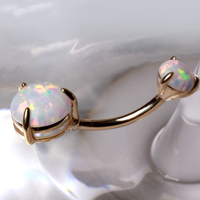 Solid 14kt Yellow Gold 14G Navel Barbell with 5mm & 8mm Prong - Set White Synthetic Opals ‐ Kikojoy Jewelry