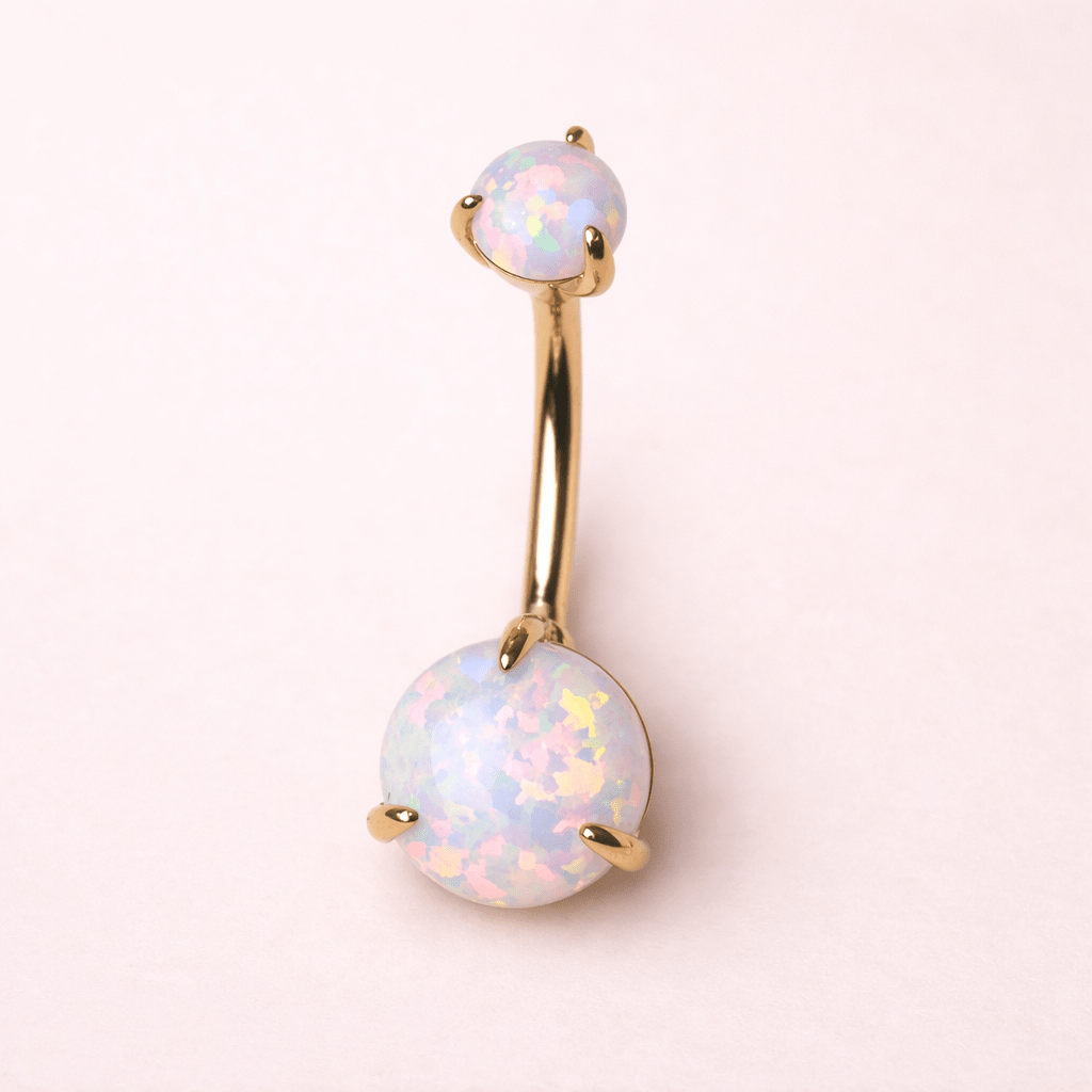 Solid 14kt Yellow Gold 14G Navel Barbell with 5mm & 8mm Prong - Set White Synthetic Opals ‐ Kikojoy Jewelry
