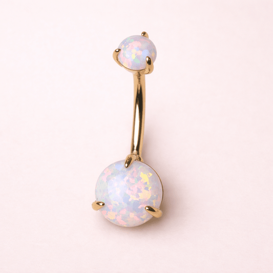 Solid 14kt Yellow Gold 14G Navel Barbell with 5mm & 8mm Prong - Set White Synthetic Opals ‐ Kikojoy Jewelry