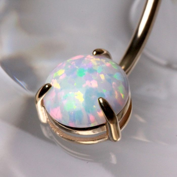 Solid 14kt Yellow Gold 14G Navel Barbell with 5mm & 8mm Prong - Set White Synthetic Opals ‐ Kikojoy Jewelry