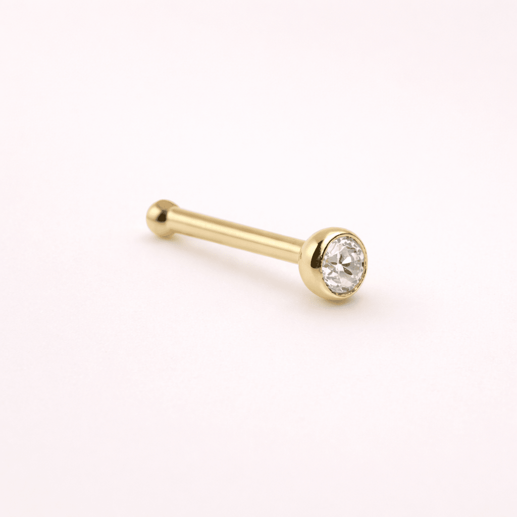 Solid 14kt Yellow Gold 2mm Bezel CZ Nose Stud – 18G/20G ‐ Kikojoy Jewelry
