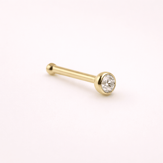 Solid 14kt Yellow Gold 2mm Bezel CZ Nose Stud – 18G/20G ‐ Kikojoy Jewelry