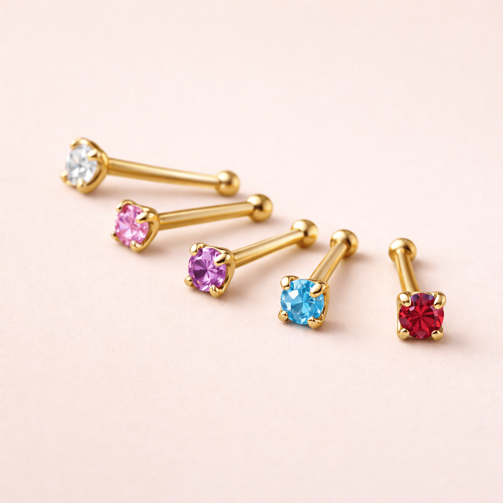 Solid 14kt Yellow Gold 2mm CZ Nose Stud – 20G, Prong - Set (6 Colors) ‐ Kikojoy Jewelry