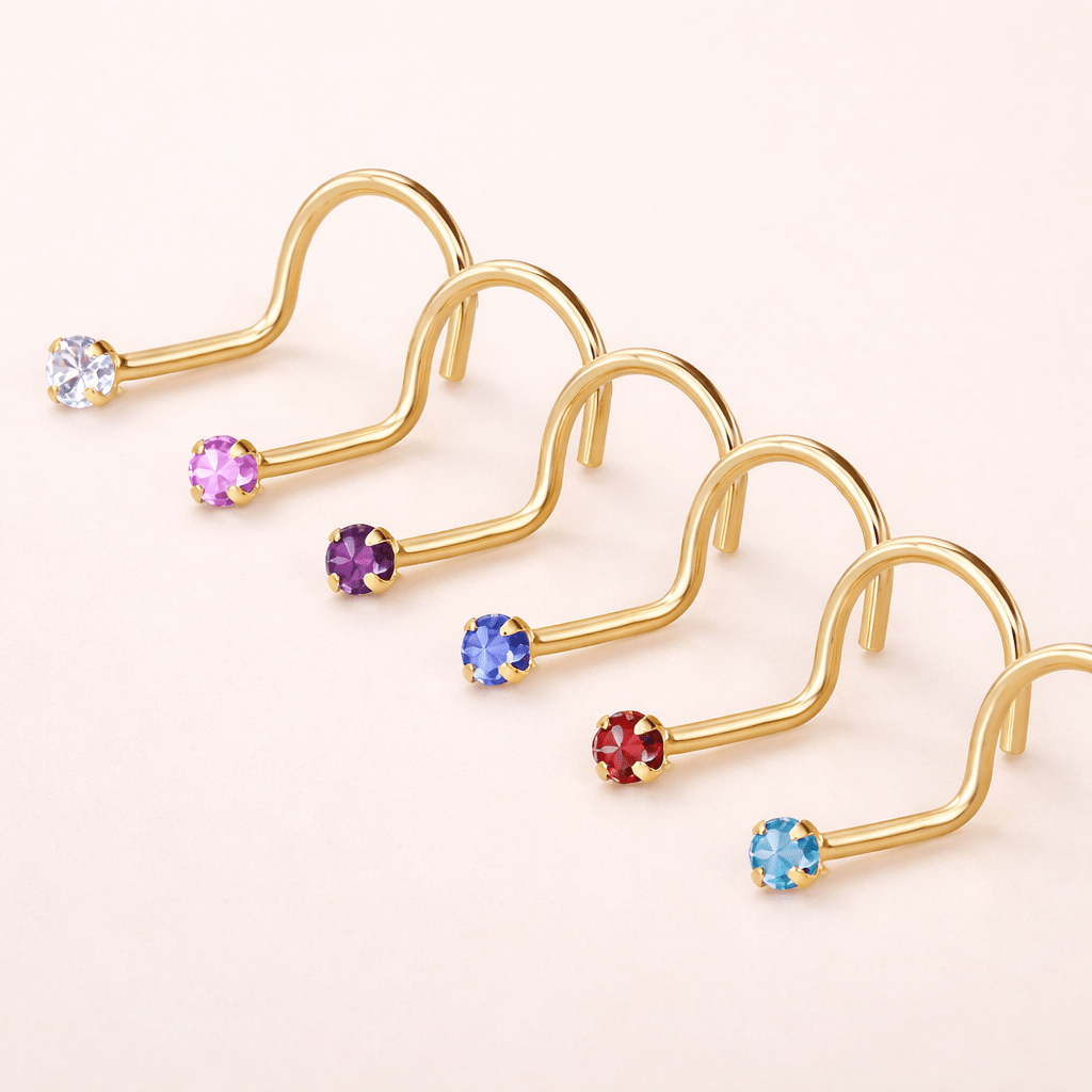 Solid 14kt Yellow Gold 2mm Prong - Set CZ Nose Screw – 20G, 6 Color Options ‐ Kikojoy Jewelry