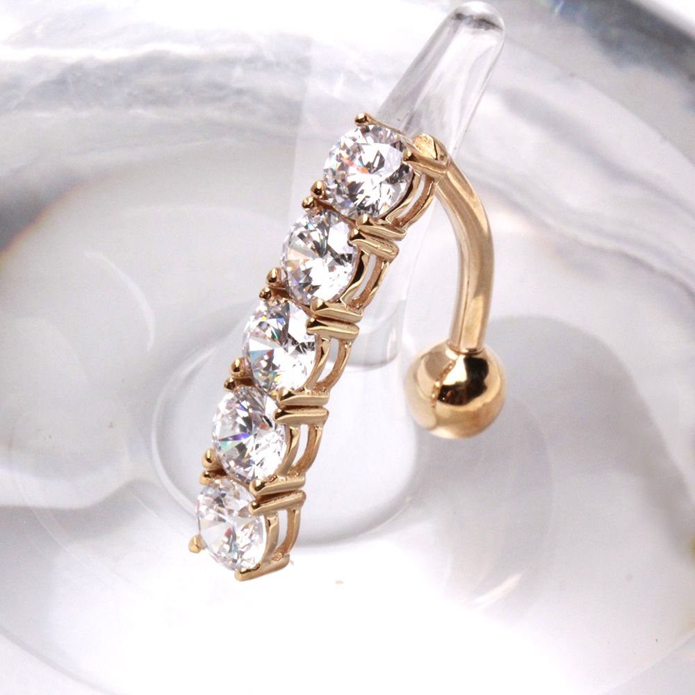 Solid 14kt Yellow Gold 5 - Stone Top - Down Navel Barbell – 14G Reverse CZ ‐ Kikojoy Jewelry