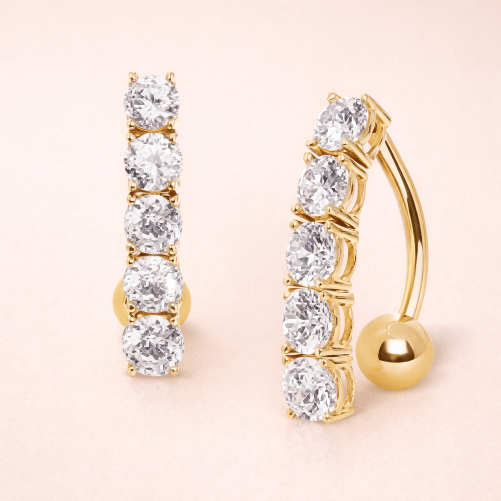 Solid 14kt Yellow Gold 5 - Stone Top - Down Navel Barbell – 14G Reverse CZ ‐ Kikojoy Jewelry
