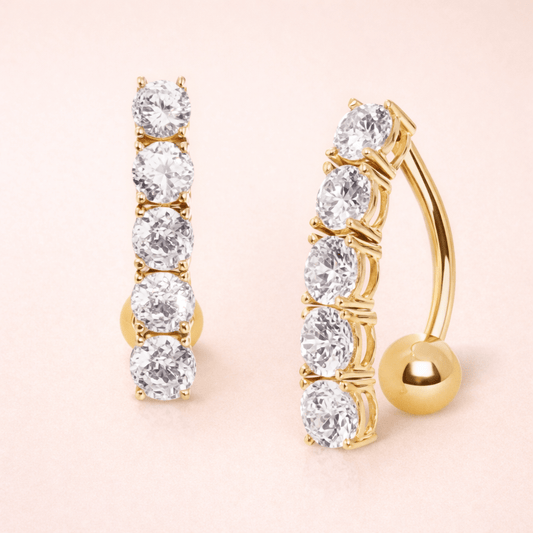 Solid 14kt Yellow Gold 5 - Stone Top - Down Navel Barbell – 14G Reverse CZ ‐ Kikojoy Jewelry