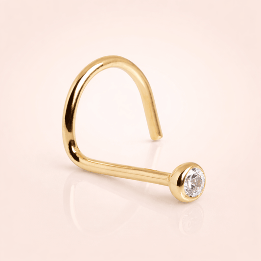 Solid 14kt Yellow Gold Bezel 2mm CZ Nose Screw – 18G / 20G ‐ Kikojoy Jewelry