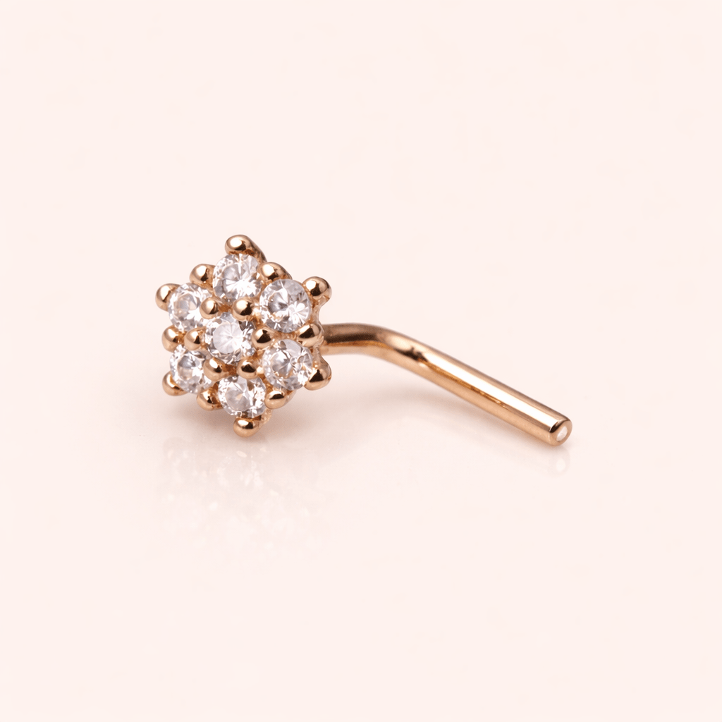 Solid 14kt Yellow Gold CZ Flower L - Bend Nose Stud – 20G ‐ Kikojoy Jewelry