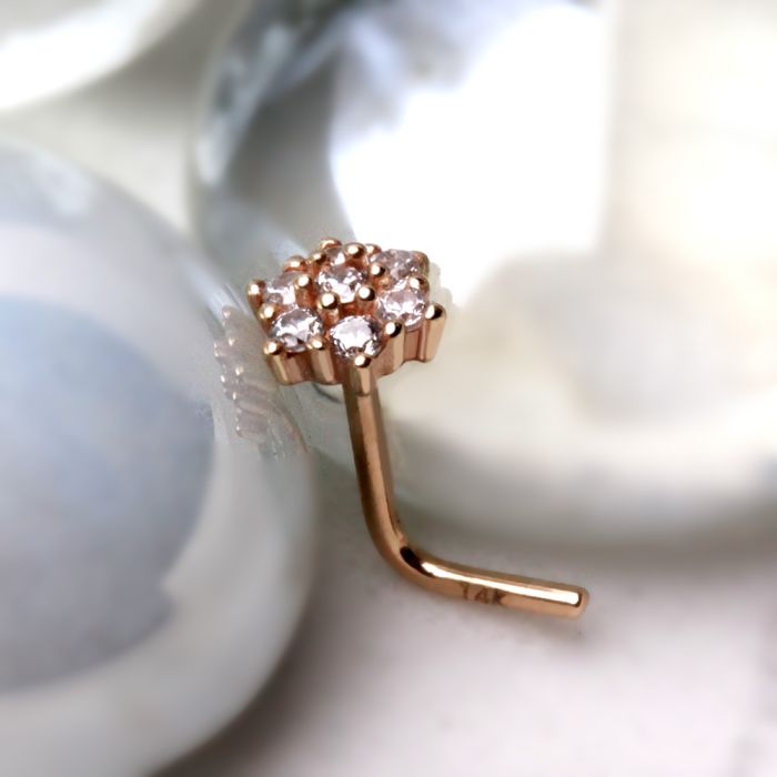 Solid 14kt Yellow Gold CZ Flower L - Bend Nose Stud – 20G ‐ Kikojoy Jewelry