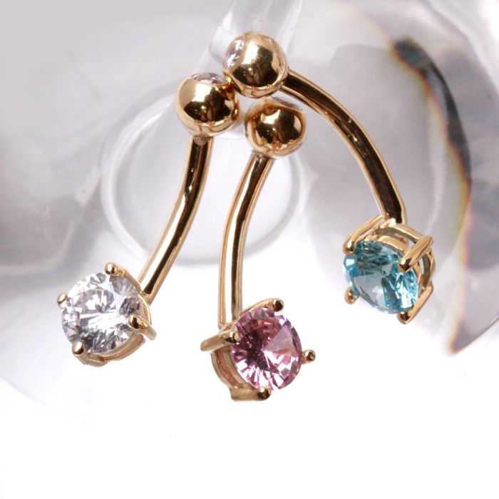 Solid 14kt Yellow Gold CZ Navel Barbell – 14G with Press - Fit Closure ‐ Kikojoy Jewelry
