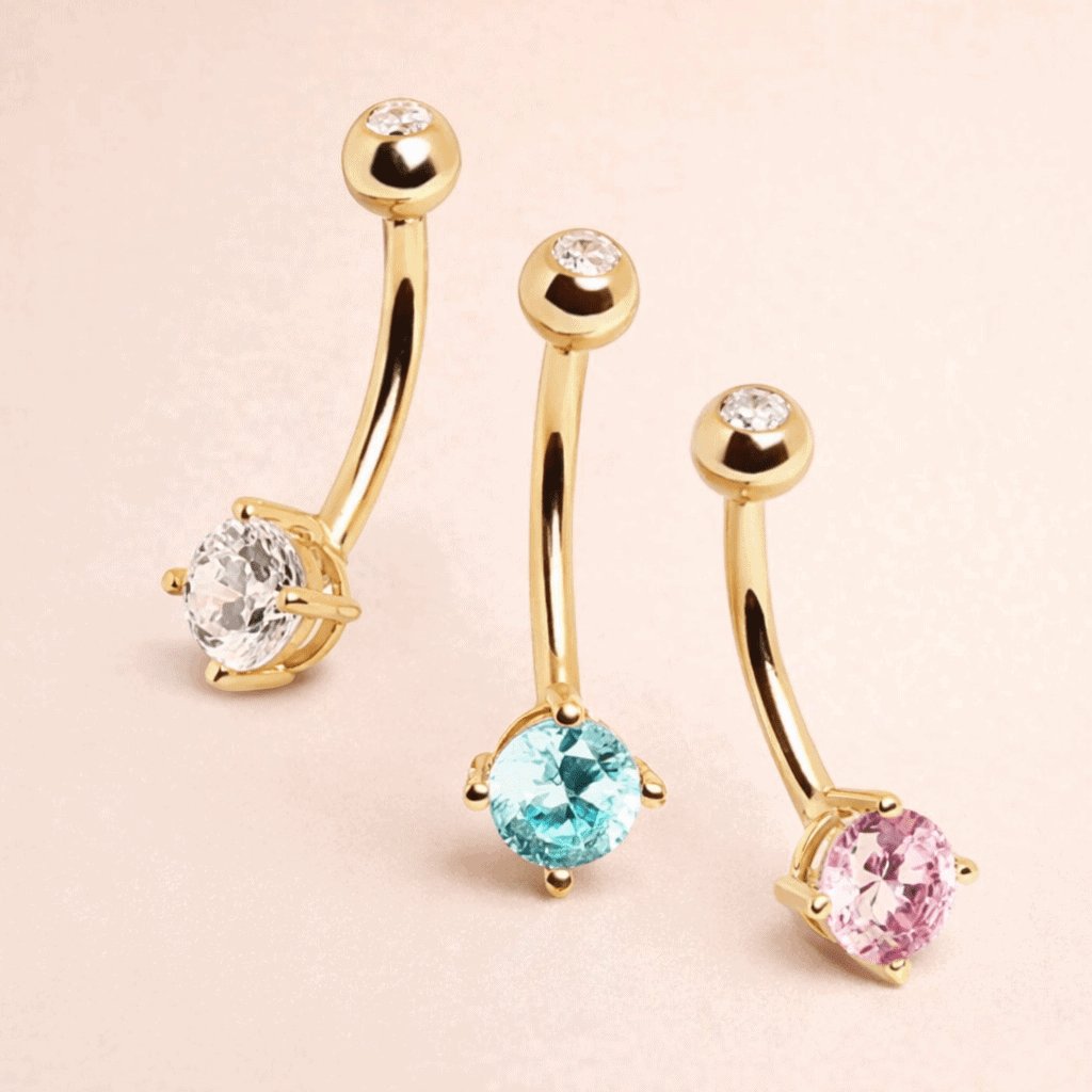 Solid 14kt Yellow Gold CZ Navel Barbell – 14G with Press - Fit Closure ‐ Kikojoy Jewelry